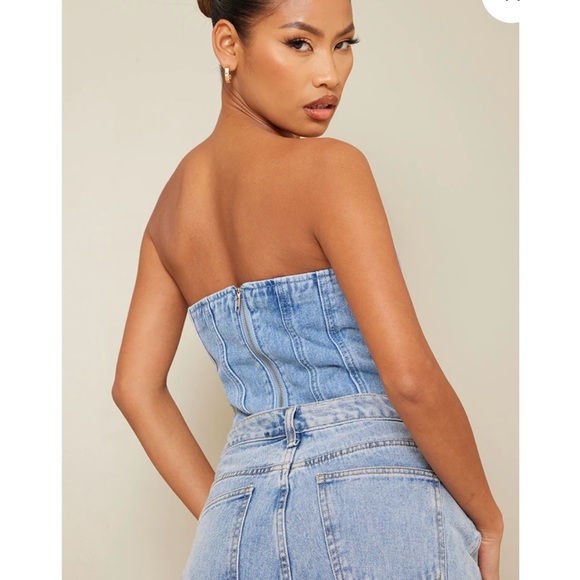Pretty Little Thing Acid Blue Wash Seam Detail Denim Corset Top - Picture 2 of 5